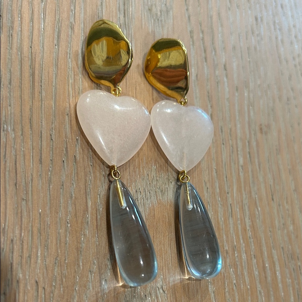 Lizzie Fortunato Gold Drop Earrings with Pink Heart and Teardrop